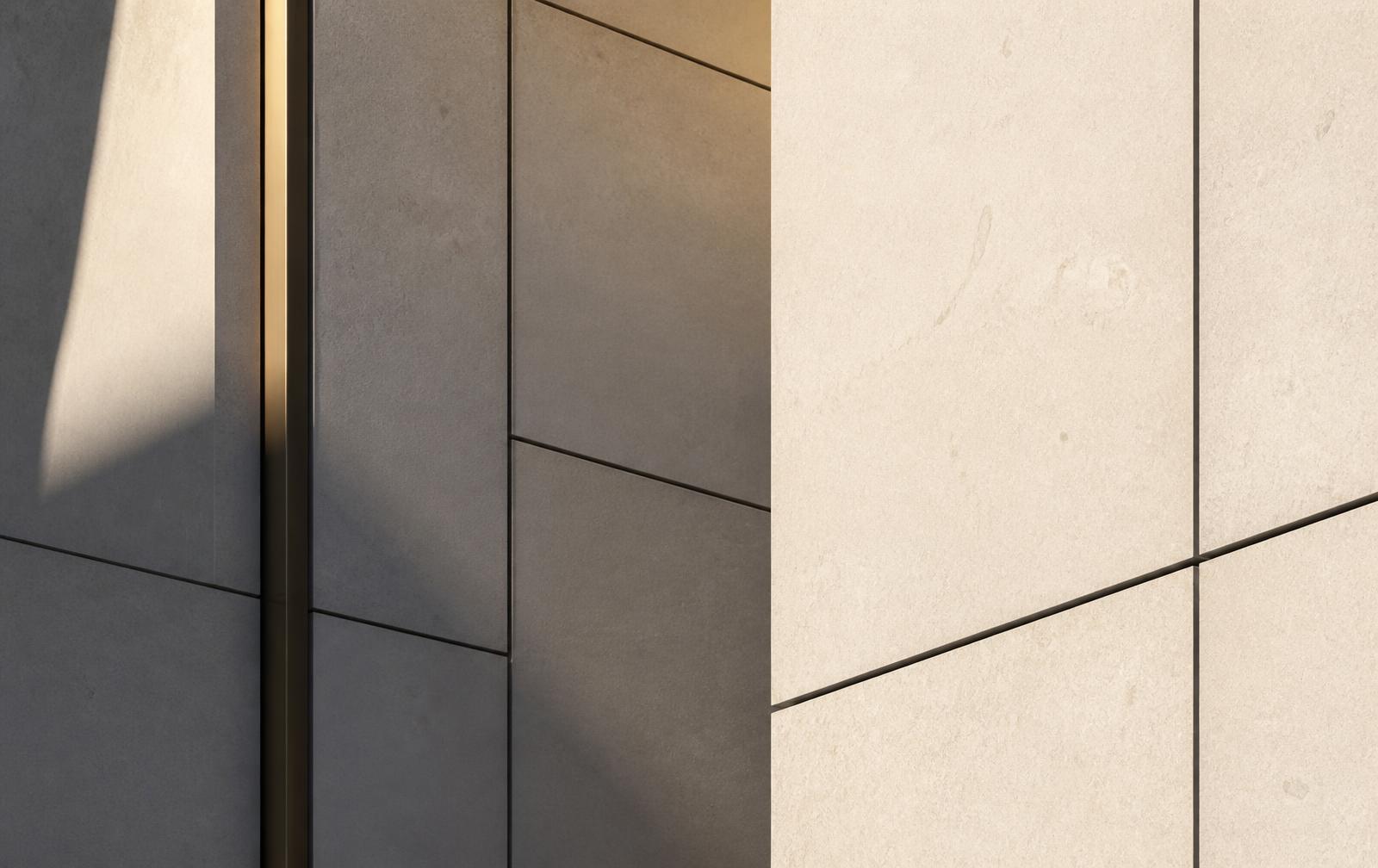Kalkstenen gevel met precieze constructielijnen en één bronzen naad