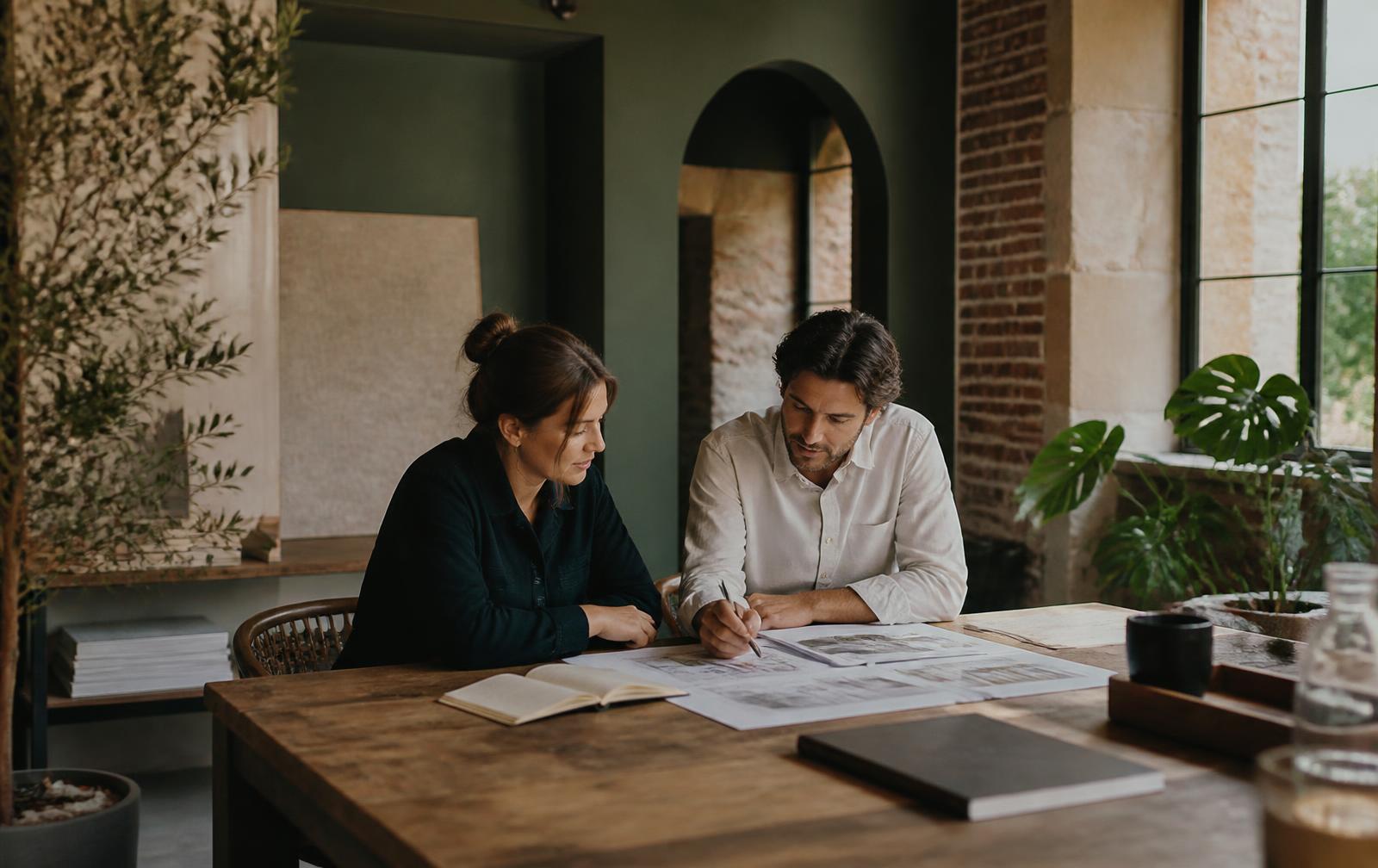 Twee verhuurondernemers bespreken hun operationele planning aan tafel