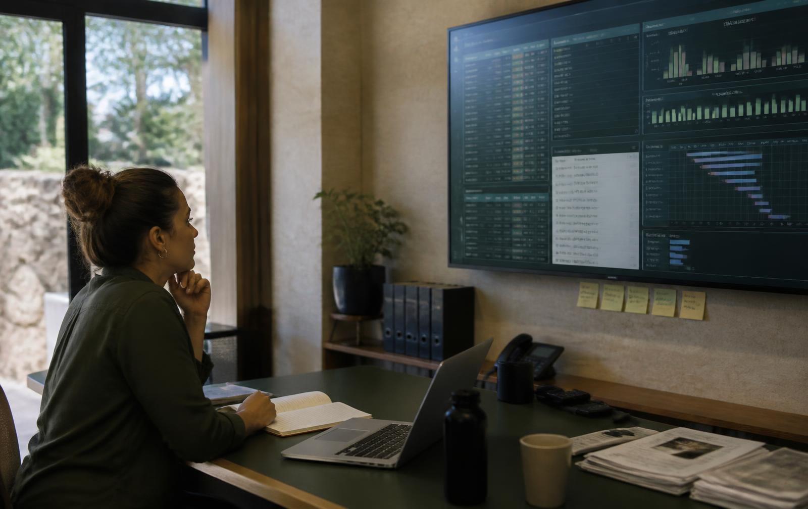Medewerker bekijkt reserverings- en planningsdata op een groot scherm